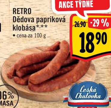 ARCHIV RETRO Dědova papriková klobása 100 g v akci platné do 12 10