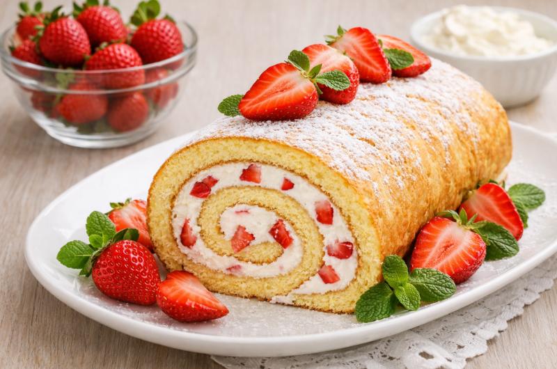 Piškotová roláda s jahodovo-tvarohovým krémem: Nadýchaný dezert, který zmizí ze stolu během chvíle