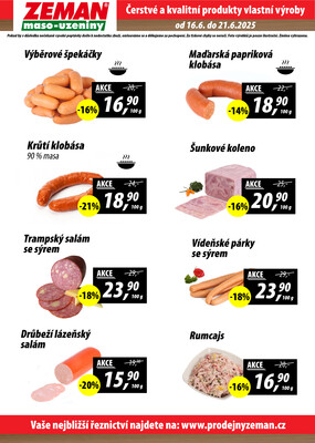 ZEMAN maso-uzeniny akční leták pro vybrané prodejny první skupiny od 16.6. do 21.6.2025