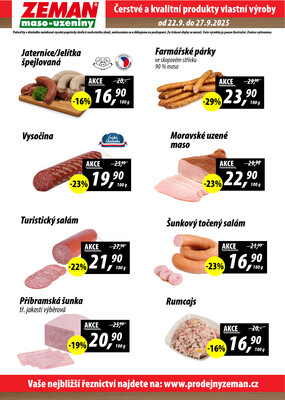 ZEMAN maso-uzeniny akční leták pro vybrané prodejny druhé skupiny od 22.9. do 27.9.2025