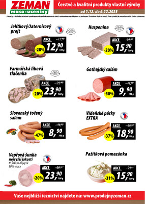 ZEMAN maso-uzeniny akční leták pro vybrané prodejny druhé skupiny od 1.12. do 6.12.2025