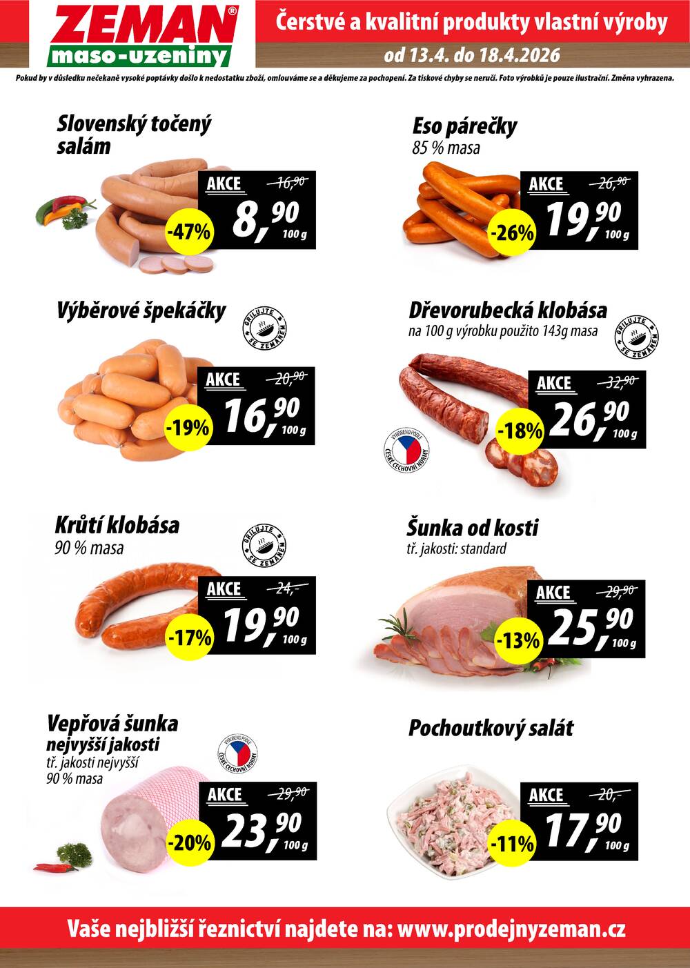 Leták ZEMAN maso-uzeniny - ZEMAN maso-uzeniny akční leták pro vybrané prodejny druhé skupiny od 13.4. do 18.4.2026 - strana 1