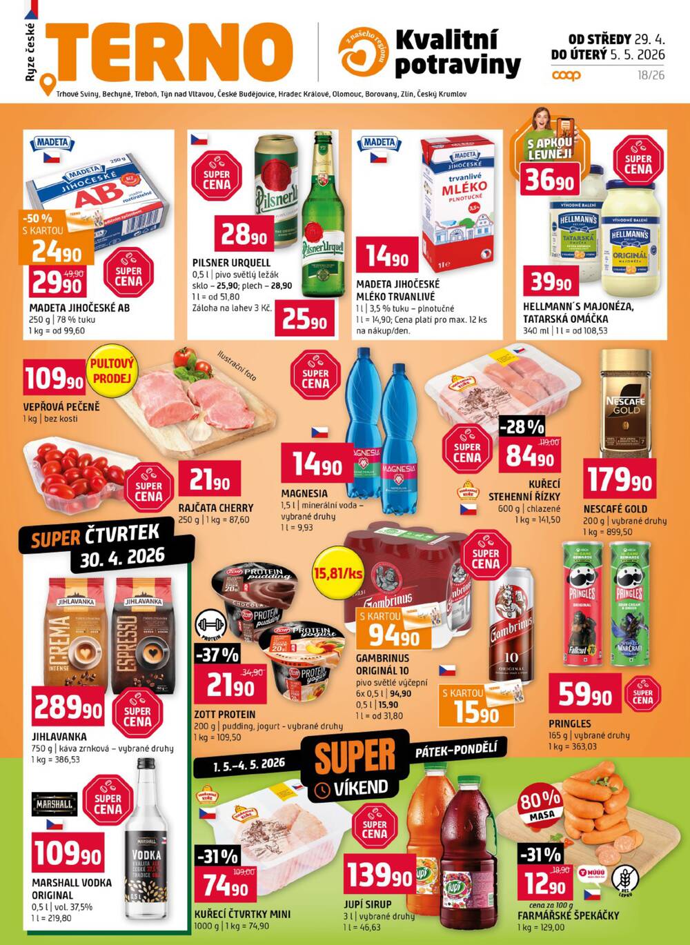 Terno České Budějovice, Třeboň, Trhové sviny, Bechyně, Týn nad Vltavou, Hradec Králové, Olomouc, Borovany, Zlín, Český Krumlov od 29.4. do 5.5.2026