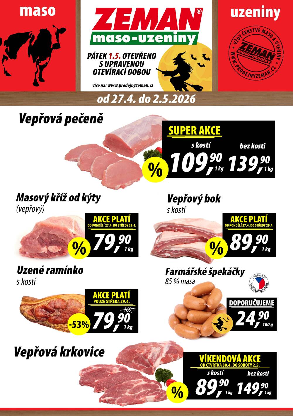 Leták ZEMAN maso-uzeniny - ZEMAN maso-uzeniny akční leták pro vybrané prodejny první skupiny od 27.4. do 2.5.2026 - strana 1
