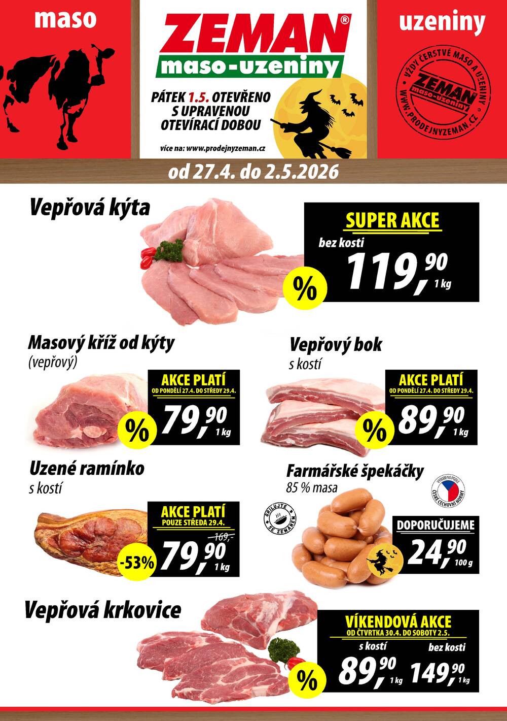 Leták ZEMAN maso-uzeniny - ZEMAN maso-uzeniny akční leták pro vybrané prodejny druhé skupiny od 27.4. do 2.5.2026 - strana 1