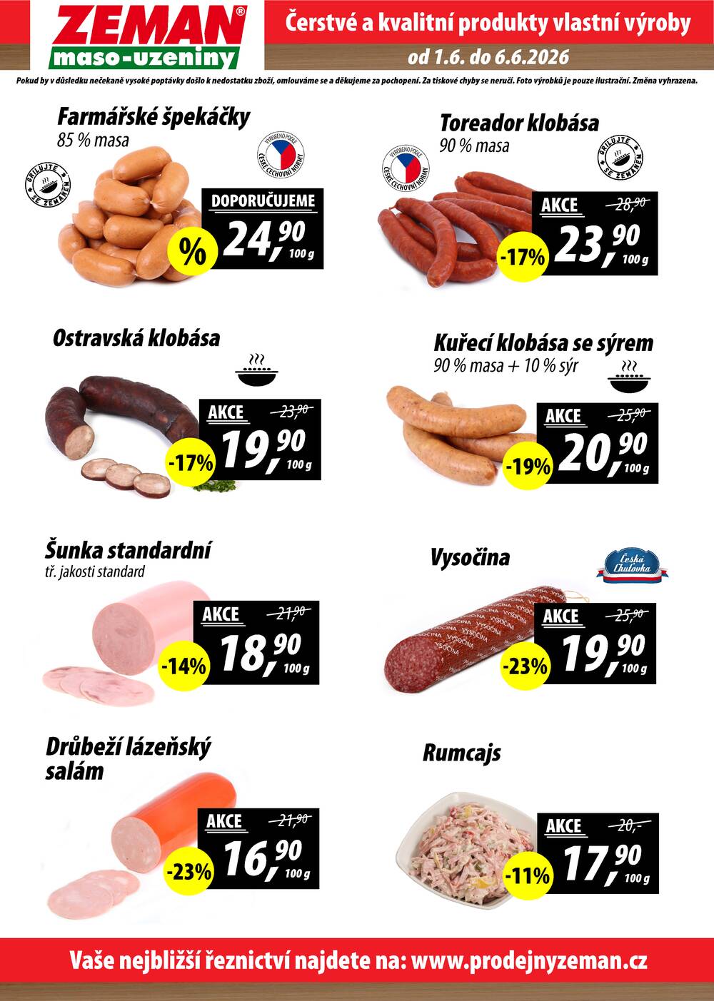 ZEMAN maso-uzeniny akční leták pro vybrané prodejny první skupiny od 1.6. do 6.6.2026