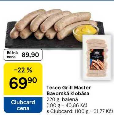 Tesco Grill Master Bavorská klobása, 220 g, balená