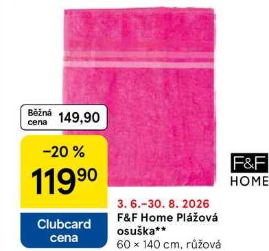 F&F Home Plážová osuška, 60 x 140 cm, růžová Tesco