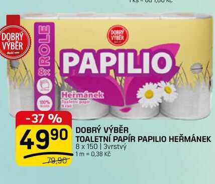 DOBRÝ VÝBĚR TOALETNÍ PAPÍR PAPILIO HEŘMÁNEK 8 x 150 | 3vrstvý FLOP TOP