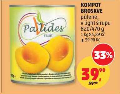 KOMPOT BROSKVE půlené, v light sirupu, 820/470 g  