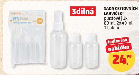 SADA CESTOVNÍCH LAHVIČEK plastové 1x 80 ml, 2x 40 ml, 1 balení