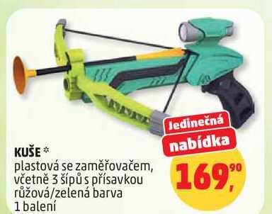 KUŠE plastová se zaměřovačem, včetně 3 šípů s přísavkou růžová/zelená barva, 1 balení