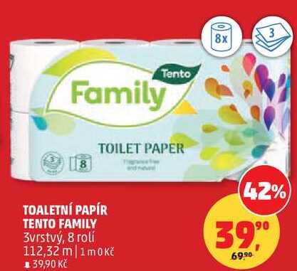 TOALETNÍ PAPÍR TENTO FAMILY 3vrstvý, 8 rolí Penny Market