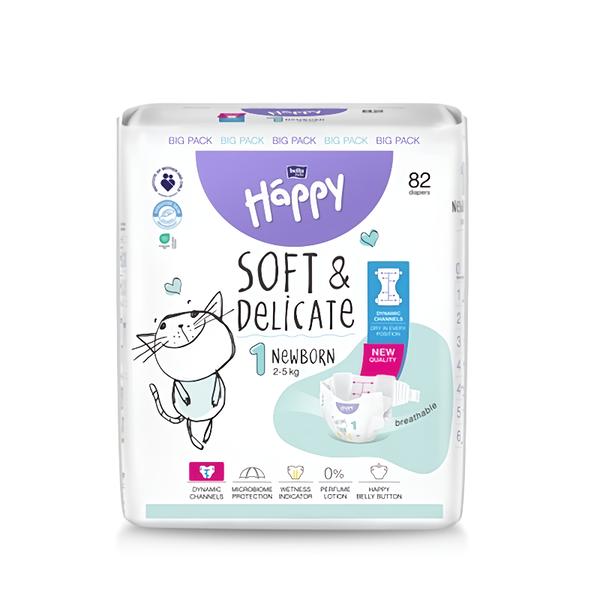 Bella Baby Happy dětské plenky s kanálky Soft & Delicate vel. 1 (2-5 kg), 82 ks Košík.cz