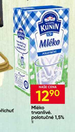 Kunín Mléko trvanlivé polotučné 1,5% 1l