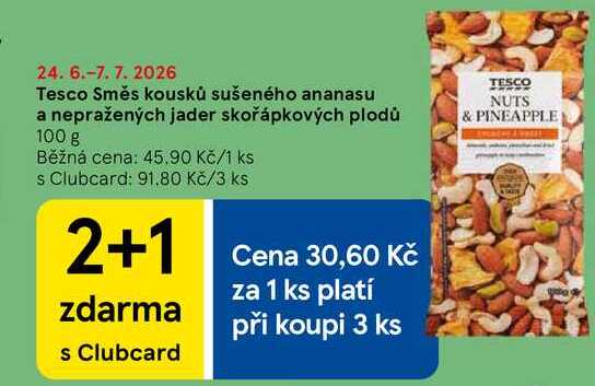 Tesco Směs kousků sušeného ananasu a nepražených jader skořápkových plodů, 100 g