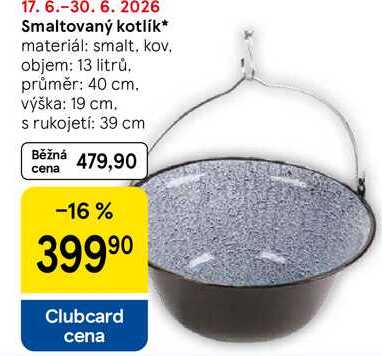 Smaltovaný kotlík, materiál: smalt, kov. objem: 13 litrů. průměr: 40 cm. výška: 19 cm. s rukojetí: 39 cm