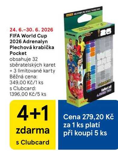 FIFA World Cup 2026 Adrenalyn Plechová krabička Pocket, obsahuje 32 sběratelských karet + 3 limitované karty