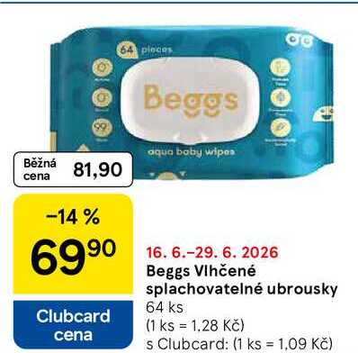 Beggs Vlhčené splachovatelné ubrousky, 64 ks Tesco