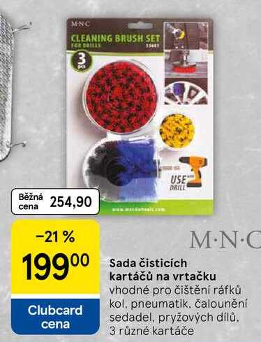 Sada čisticích kartáčů na vrtačku, vhodné pro čištění ráfků kol, pneumatik. čalounění sedadel, Tesco