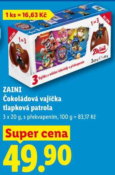 ZAINI Čokoládová vajíčka tlapková patrola, 3x 20 g