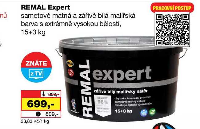 REMAL Expert sametově matná a zářivě bílá malířská barva s extrémně vysokou bělostí, 15+3 kg Barvy a laky drogerie 