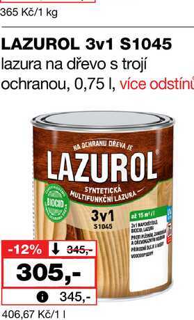 LAZUROL 3v1 S1045 lazura na dřevo s trojí ochranou, 0,75l Barvy a laky drogerie 