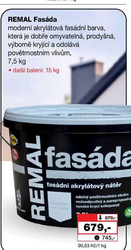REMAL Fasáda moderní akrylátová fasádní barva, která je dobře omyvatelná, prodyšná, výborně kryjící a odolává povětrnostním vlivům, 7,5 kg