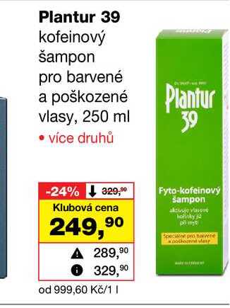 Plantur 39 kofeinový šampon pro barvené a poškozené vlasy, 250 ml Barvy a laky drogerie 