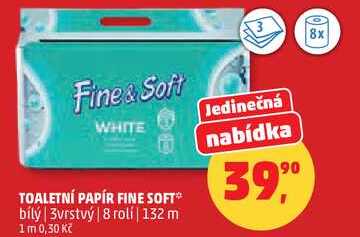 TOALETNÍ PAPÍR FINE SOFT bílý, 3vrstvý, 8 rolí Penny Market
