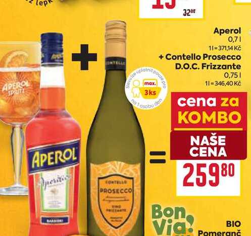 Aperol 0,7l + Contello Prosecco D.O.C. Frizzante 0,75l
