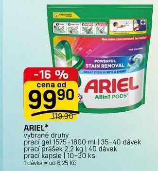 ARIEL* vybrané druhy prací gel 1575-1800 ml | 35-40 dávek prací prášek 2,2 kg | 40 dávek prací FLOP TOP