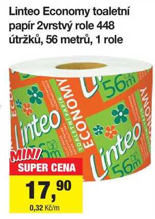 Linteo Economy toaletní papír 2vrstvý role 448 útržků, 56 metrů, 1 role Šlak