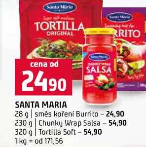 SANTA MARIA SALSA 28 g směs koření Burrito 230 g Chunky Wrap Salsa 320 g Tortilla Soft 
