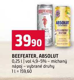 BEEFEATER, ABSOLUT 0,25l vol 4,9-5% míchaný nápoj vybrané druhy 