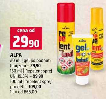 ALPA 20 ml gel po bodnutí hmyzem 150 ml Repelent sprej UNI 19,5% 100 ml repelent sprej pro děti Terno