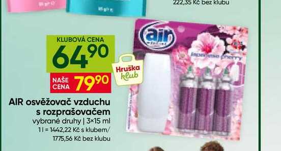 AIR osvěžovač vzduchu s rozprašovačem vybrané druhy 3×15 ml Hruška
