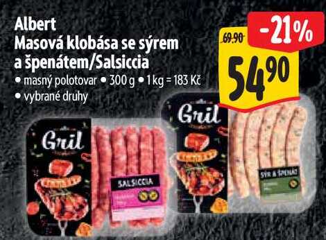 Albert Masová klobása se sýrem a špenátem/Salsiccia,  300g 