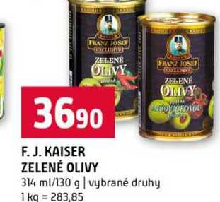 F. J. KAISER ZELENÉ OLIVY FRANZ JOSEF ZELENÉ OLIVY ALECOICEOVOU 314 ml/130 g vybrané druhy 