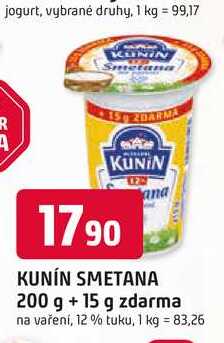 KUNÍN SMETANA 200 g + 15 g zdarma na vaření, 12 % tuku