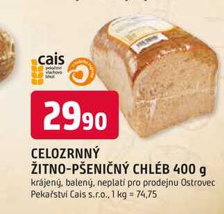 CELOZRNNÝ ŽITNO-PŠENIČNÝ CHLÉB 400 g krájený, balený