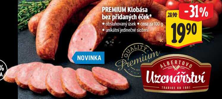 PREMIUM Klobása bez přidaných éček, cena za 100 g 