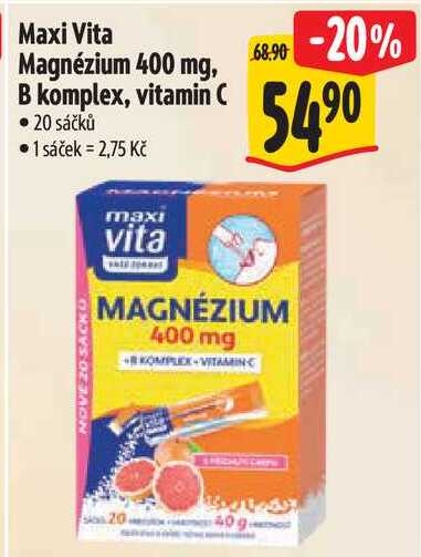 Maxi Vita Magnézium 400 mg, B komplex, vitamin C, 20 sáčků  