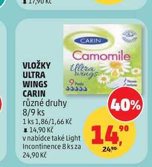 VLOŽKY ULTRA WINGS CARIN různé druhy 8/9 ks Penny Market