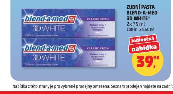 Blend-A-Med 3D White zubní pasta s bělícím účinkem 2x  75ml Penny Market