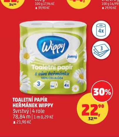 TOALETNÍ PAPÍR HEŘMÁNEK WIPPY 3vrstvý 4 role Penny Market