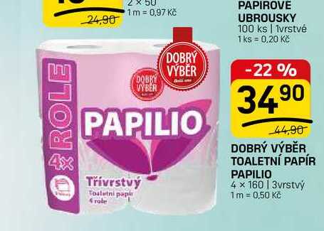 DOBRÝ VÝBĚR TOALETNÍ PAPÍR PAPILIO 4 x 160 | 3vrstvý FLOP TOP