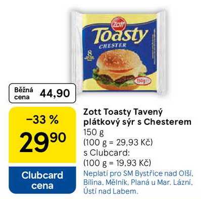 Zott Toasty Tavený plátkový sýr s Chesterem, 150 g 