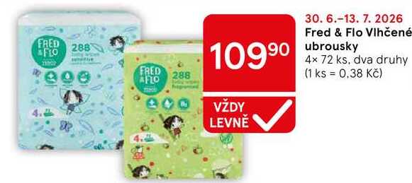 Fred & Flo Vlhčené ubrousky, 4× 72 ks, dva druhy 