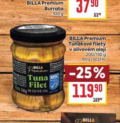 BILLA Premium Tuňákové filety v olivovém oleji 200/130 g 